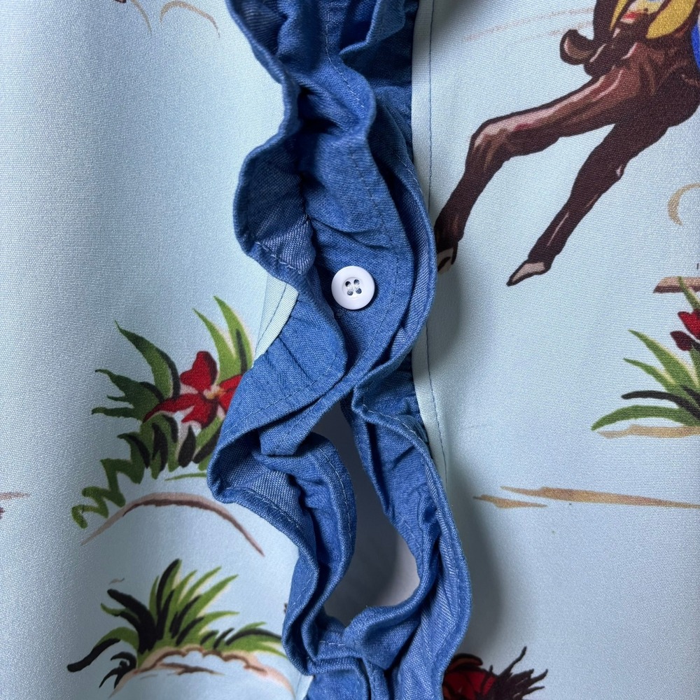 Vintage Cowboy Western Blouse Women Sz. XL Blue Ruffle Rodeo Horse Print - Picture 5 of 8